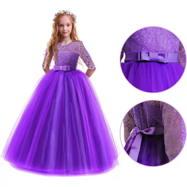 Flower Girl Lace Dress for Kids Wedding Bridesmaid Pageant Party Prom Formal Ball Gown Princess Puffy Tulle DressesDark Purple