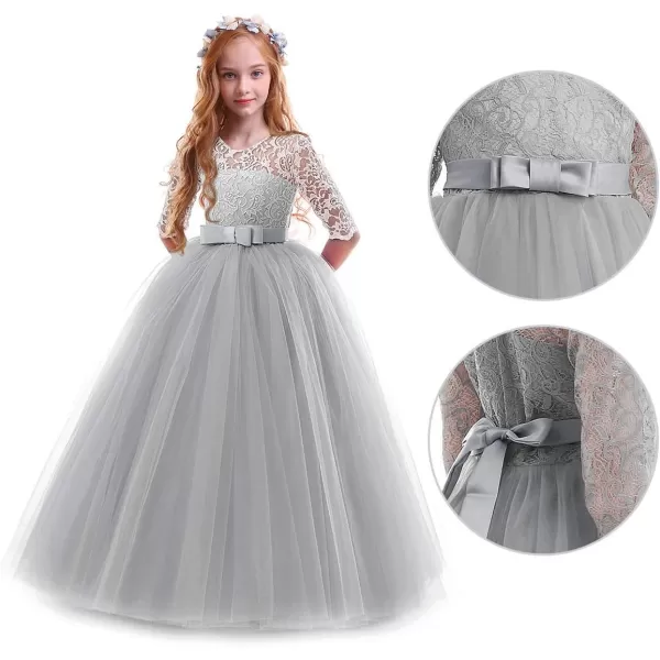 Flower Girl Lace Dress for Kids Wedding Bridesmaid Pageant Party Prom Formal Ball Gown Princess Puffy Tulle DressesGray