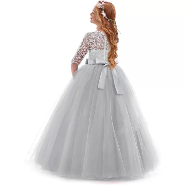 Flower Girl Lace Dress for Kids Wedding Bridesmaid Pageant Party Prom Formal Ball Gown Princess Puffy Tulle DressesGray