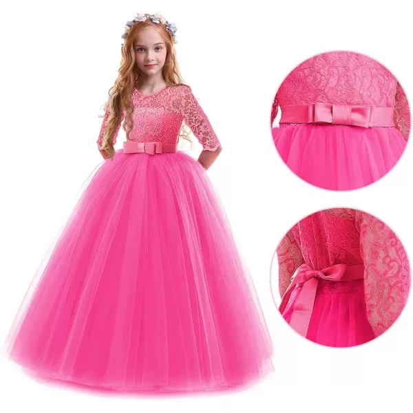 Flower Girl Lace Dress for Kids Wedding Bridesmaid Pageant Party Prom Formal Ball Gown Princess Puffy Tulle DressesHot Pink