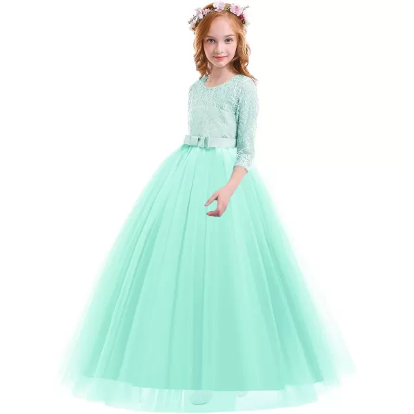 Flower Girl Lace Dress for Kids Wedding Bridesmaid Pageant Party Prom Formal Ball Gown Princess Puffy Tulle DressesMint Green