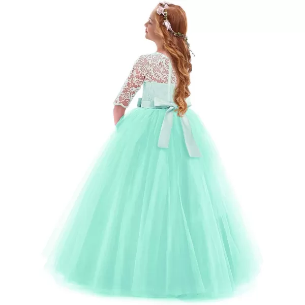 Flower Girl Lace Dress for Kids Wedding Bridesmaid Pageant Party Prom Formal Ball Gown Princess Puffy Tulle DressesMint Green