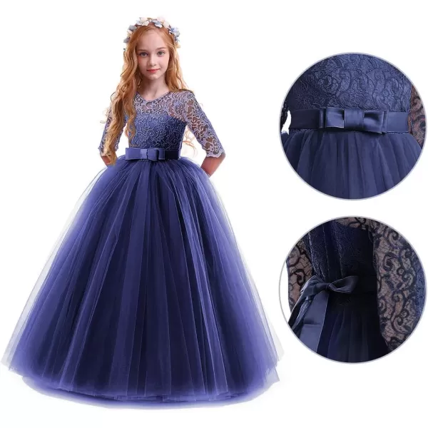 Flower Girl Lace Dress for Kids Wedding Bridesmaid Pageant Party Prom Formal Ball Gown Princess Puffy Tulle DressesNavy Blue