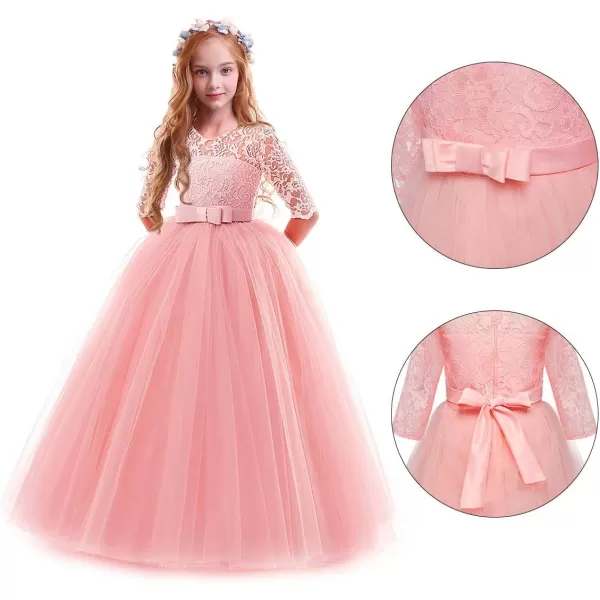 Flower Girl Lace Dress for Kids Wedding Bridesmaid Pageant Party Prom Formal Ball Gown Princess Puffy Tulle DressesPink