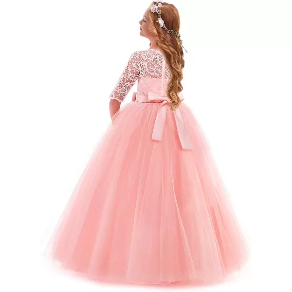 Flower Girl Lace Dress for Kids Wedding Bridesmaid Pageant Party Prom Formal Ball Gown Princess Puffy Tulle DressesPink