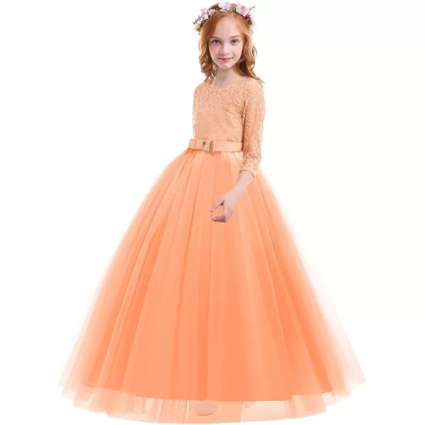 Flower Girl Lace Dress for Kids Wedding Bridesmaid Pageant Party Prom Formal Ball Gown Princess Puffy Tulle DressesPink Orange