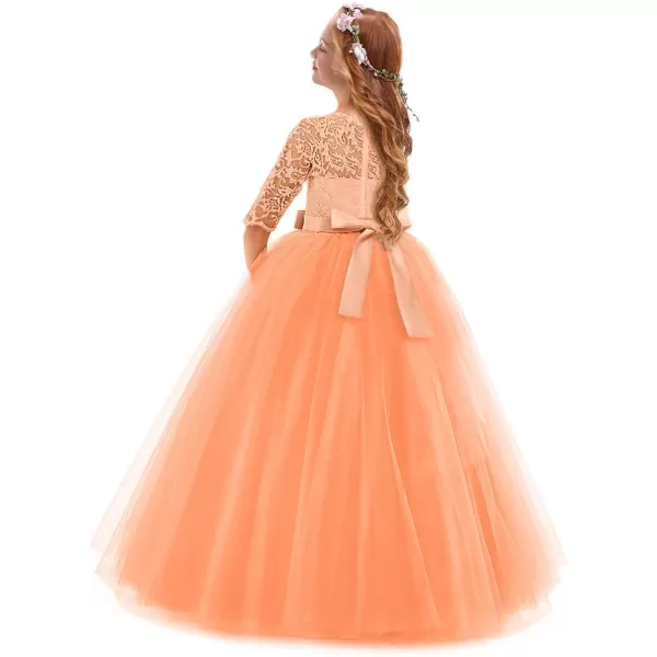 Flower Girl Lace Dress for Kids Wedding Bridesmaid Pageant Party Prom Formal Ball Gown Princess Puffy Tulle DressesPink Orange