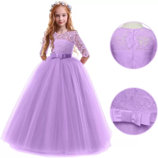 Flower Girl Lace Dress for Kids Wedding Bridesmaid Pageant Party Prom Formal Ball Gown Princess Puffy Tulle DressesPurple