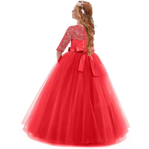 Flower Girl Lace Dress for Kids Wedding Bridesmaid Pageant Party Prom Formal Ball Gown Princess Puffy Tulle DressesRed