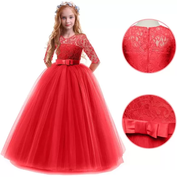 Flower Girl Lace Dress for Kids Wedding Bridesmaid Pageant Party Prom Formal Ball Gown Princess Puffy Tulle DressesRed