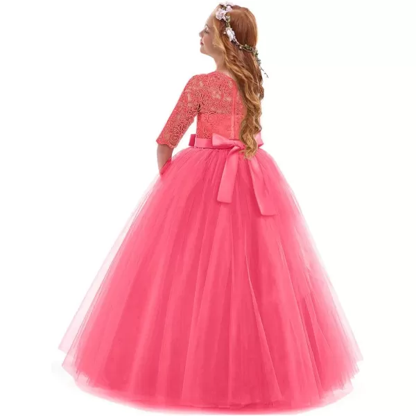 Flower Girl Lace Dress for Kids Wedding Bridesmaid Pageant Party Prom Formal Ball Gown Princess Puffy Tulle DressesWatermelon Red