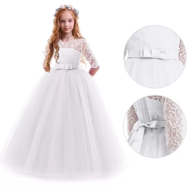 Flower Girl Lace Dress for Kids Wedding Bridesmaid Pageant Party Prom Formal Ball Gown Princess Puffy Tulle DressesWhite