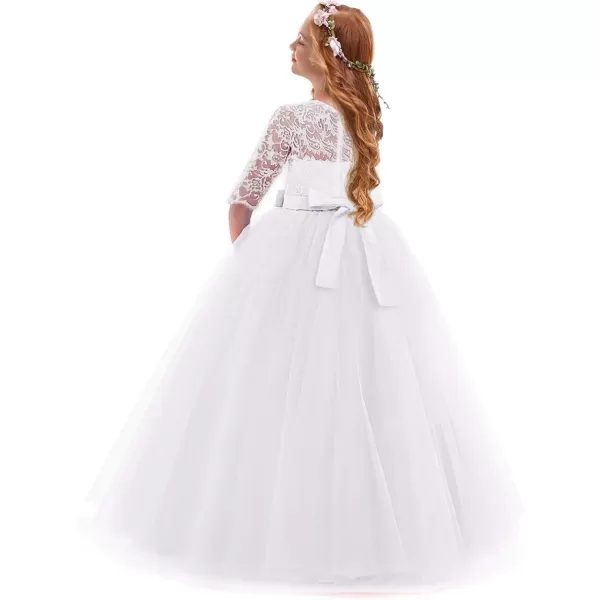 Flower Girl Lace Dress for Kids Wedding Bridesmaid Pageant Party Prom Formal Ball Gown Princess Puffy Tulle DressesWhite