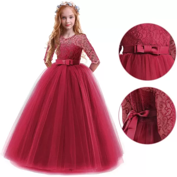 Flower Girl Lace Dress for Kids Wedding Bridesmaid Pageant Party Prom Formal Ball Gown Princess Puffy Tulle DressesWine Red