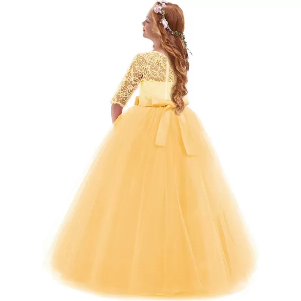 Flower Girl Lace Dress for Kids Wedding Bridesmaid Pageant Party Prom Formal Ball Gown Princess Puffy Tulle DressesYellow
