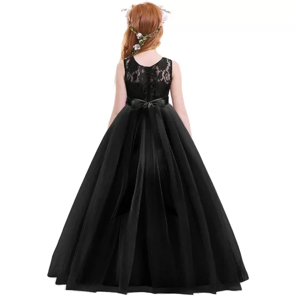 Flower Girl Lace Long Princess Dresses Kids Formal Wedding Party Pageant Ball Gowns First Communion Puffy Tulle DressBlack