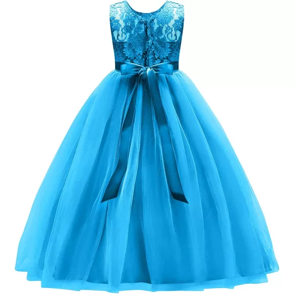 Flower Girl Lace Long Princess Dresses Kids Formal Wedding Party Pageant Ball Gowns First Communion Puffy Tulle DressBlue