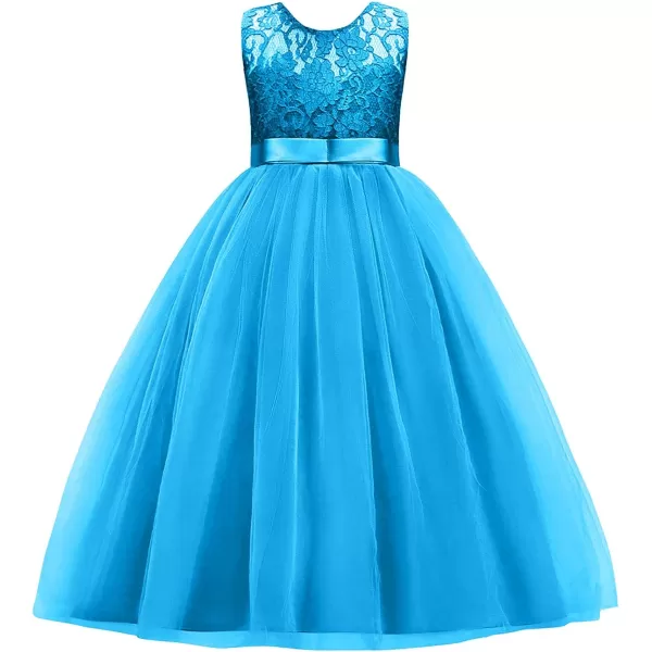 Flower Girl Lace Long Princess Dresses Kids Formal Wedding Party Pageant Ball Gowns First Communion Puffy Tulle DressBlue