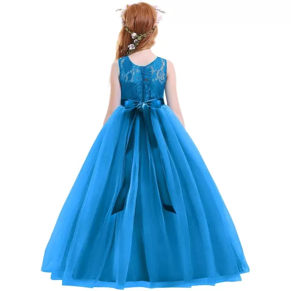 Flower Girl Lace Long Princess Dresses Kids Formal Wedding Party Pageant Ball Gowns First Communion Puffy Tulle DressBlue