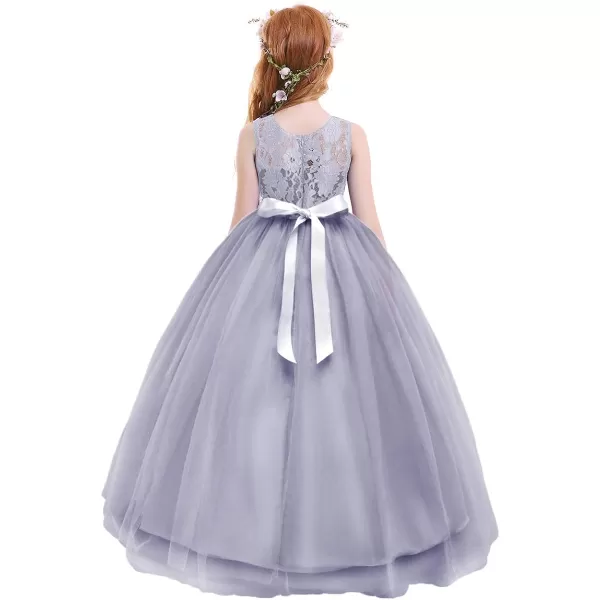 Flower Girl Lace Long Princess Dresses Kids Formal Wedding Party Pageant Ball Gowns First Communion Puffy Tulle DressGray