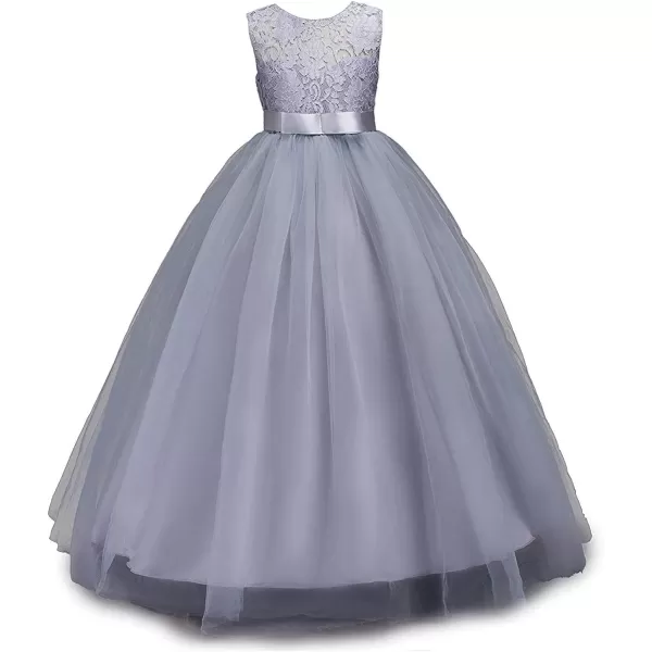 Flower Girl Lace Long Princess Dresses Kids Formal Wedding Party Pageant Ball Gowns First Communion Puffy Tulle DressGray