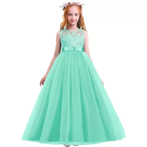 Flower Girl Lace Long Princess Dresses Kids Formal Wedding Party Pageant Ball Gowns First Communion Puffy Tulle DressLight Green