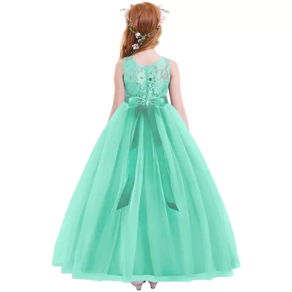 Flower Girl Lace Long Princess Dresses Kids Formal Wedding Party Pageant Ball Gowns First Communion Puffy Tulle DressLight Green