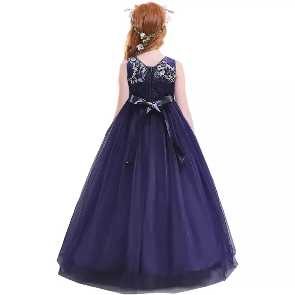 Flower Girl Lace Long Princess Dresses Kids Formal Wedding Party Pageant Ball Gowns First Communion Puffy Tulle DressNavy Blue