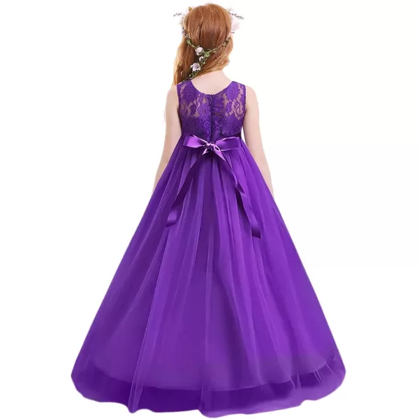 Flower Girl Lace Long Princess Dresses Kids Formal Wedding Party Pageant Ball Gowns First Communion Puffy Tulle DressPurple