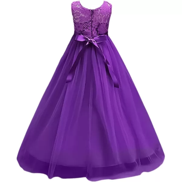 Flower Girl Lace Long Princess Dresses Kids Formal Wedding Party Pageant Ball Gowns First Communion Puffy Tulle DressPurple