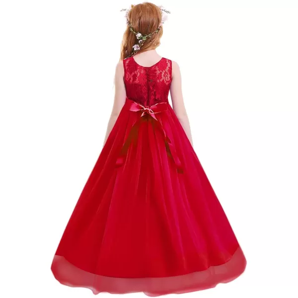 Flower Girl Lace Long Princess Dresses Kids Formal Wedding Party Pageant Ball Gowns First Communion Puffy Tulle DressRed