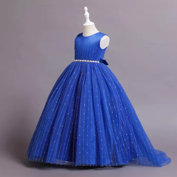 Flower Girl Lace Long Princess Dresses Kids Formal Wedding Party Pageant Ball Gowns First Communion Puffy Tulle DressRoyal Blue  Shiny