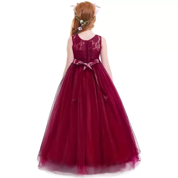 Flower Girl Lace Long Princess Dresses Kids Formal Wedding Party Pageant Ball Gowns First Communion Puffy Tulle DressWine Red