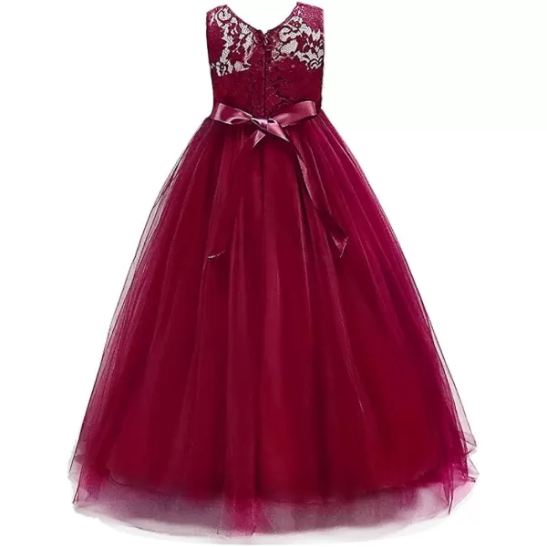 Flower Girl Lace Long Princess Dresses Kids Formal Wedding Party Pageant Ball Gowns First Communion Puffy Tulle DressWine Red