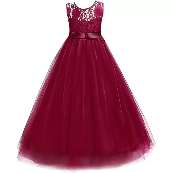 Flower Girl Lace Long Princess Dresses Kids Formal Wedding Party Pageant Ball Gowns First Communion Puffy Tulle DressWine Red