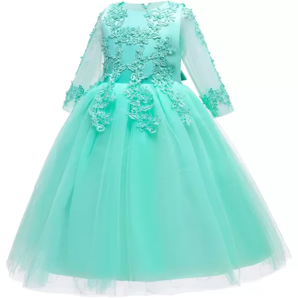 Flower Girl Long Lace Bridesmaid Dress 34 Sleeves Sequins Maxi Tulle Pageant Ball Gown Wedding Party Dresses for KidsAqua