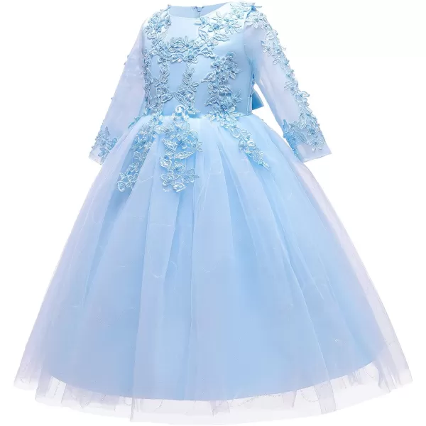 Flower Girl Long Lace Bridesmaid Dress 34 Sleeves Sequins Maxi Tulle Pageant Ball Gown Wedding Party Dresses for KidsBlue