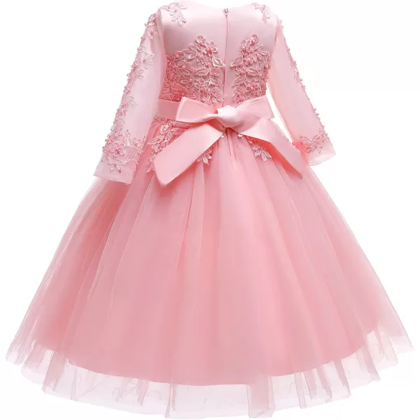 Flower Girl Long Lace Bridesmaid Dress 34 Sleeves Sequins Maxi Tulle Pageant Ball Gown Wedding Party Dresses for KidsPink