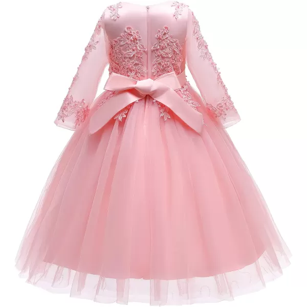 Flower Girl Long Lace Bridesmaid Dress 34 Sleeves Sequins Maxi Tulle Pageant Ball Gown Wedding Party Dresses for KidsPink