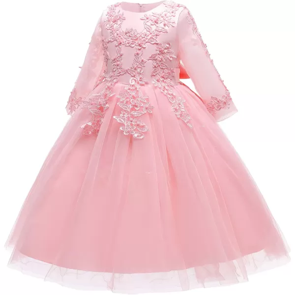 Flower Girl Long Lace Bridesmaid Dress 34 Sleeves Sequins Maxi Tulle Pageant Ball Gown Wedding Party Dresses for KidsPink