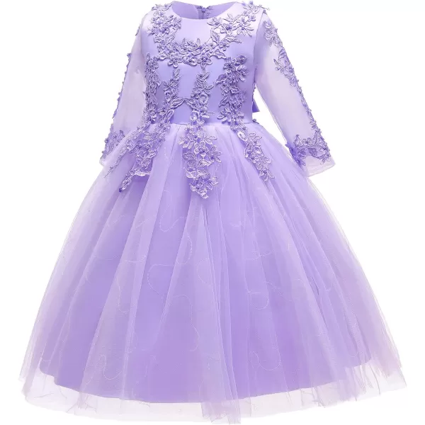 Flower Girl Long Lace Bridesmaid Dress 34 Sleeves Sequins Maxi Tulle Pageant Ball Gown Wedding Party Dresses for KidsPurple