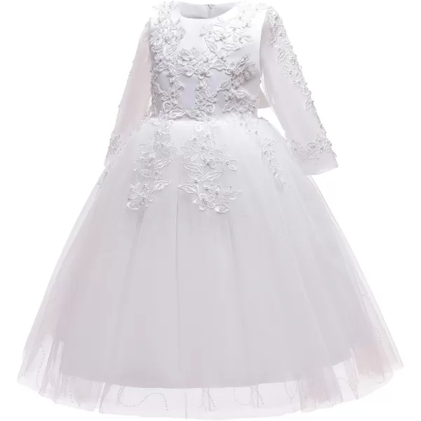 Flower Girl Long Lace Bridesmaid Dress 34 Sleeves Sequins Maxi Tulle Pageant Ball Gown Wedding Party Dresses for KidsWhite