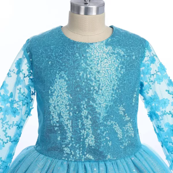 Flower Girl Sequins Dress 34 Sleeves Maxi Gown for Kids Party Wedding Bridesmaid Princess Pageant Long Tulle DressesLight Blue