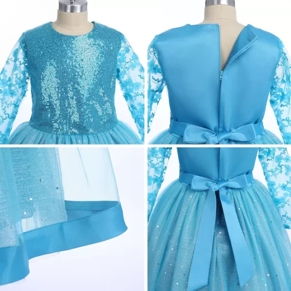 Flower Girl Sequins Dress 34 Sleeves Maxi Gown for Kids Party Wedding Bridesmaid Princess Pageant Long Tulle DressesLight Blue
