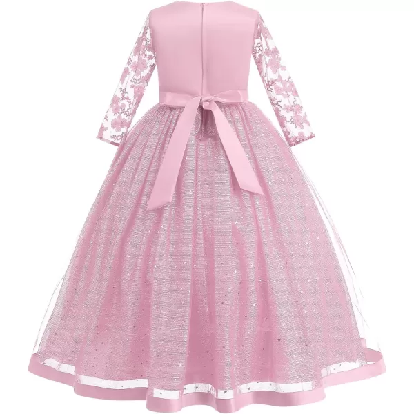 Flower Girl Sequins Dress 34 Sleeves Maxi Gown for Kids Party Wedding Bridesmaid Princess Pageant Long Tulle DressesPink