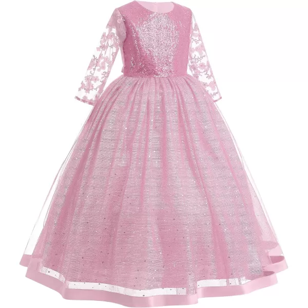 Flower Girl Sequins Dress 34 Sleeves Maxi Gown for Kids Party Wedding Bridesmaid Princess Pageant Long Tulle DressesPink