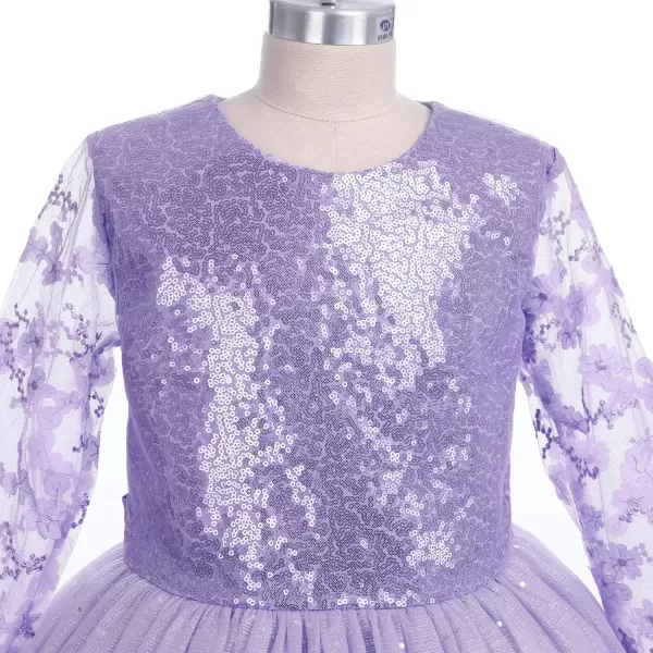 Flower Girl Sequins Dress 34 Sleeves Maxi Gown for Kids Party Wedding Bridesmaid Princess Pageant Long Tulle DressesPurple