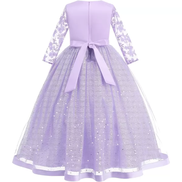 Flower Girl Sequins Dress 34 Sleeves Maxi Gown for Kids Party Wedding Bridesmaid Princess Pageant Long Tulle DressesPurple