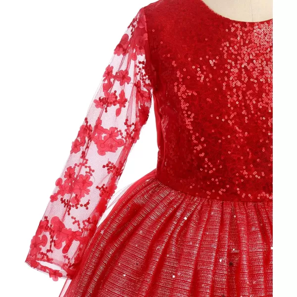 Flower Girl Sequins Dress 34 Sleeves Maxi Gown for Kids Party Wedding Bridesmaid Princess Pageant Long Tulle DressesRed