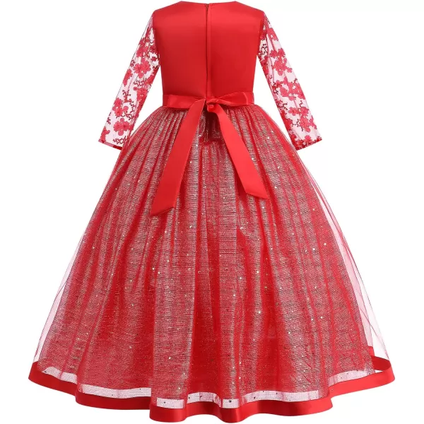 Flower Girl Sequins Dress 34 Sleeves Maxi Gown for Kids Party Wedding Bridesmaid Princess Pageant Long Tulle DressesRed